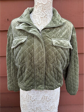 Forever 21 Quilted Velvet Jacket Sage Green Cropped Bomber Jacket Y2K Fairycore